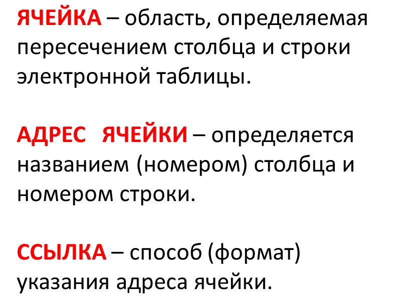 ЯЧЕЙКА – область, определяемая пересечением столбца и строки электронной таблицы.  АДРЕС  